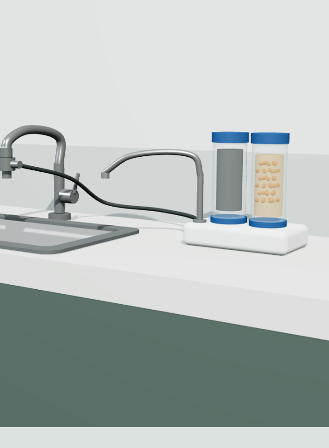 3D faucet-connected countertop resin softener workspace